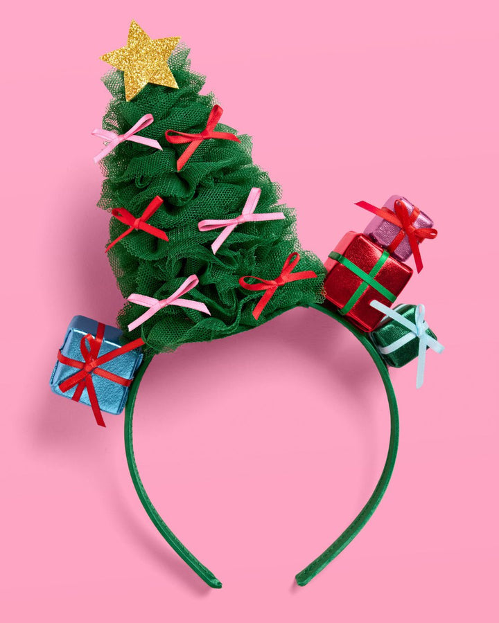 Christmas tree headband: green tulle tree with pink and red satin bows, gold glitter star, and tiny wrapped gifts