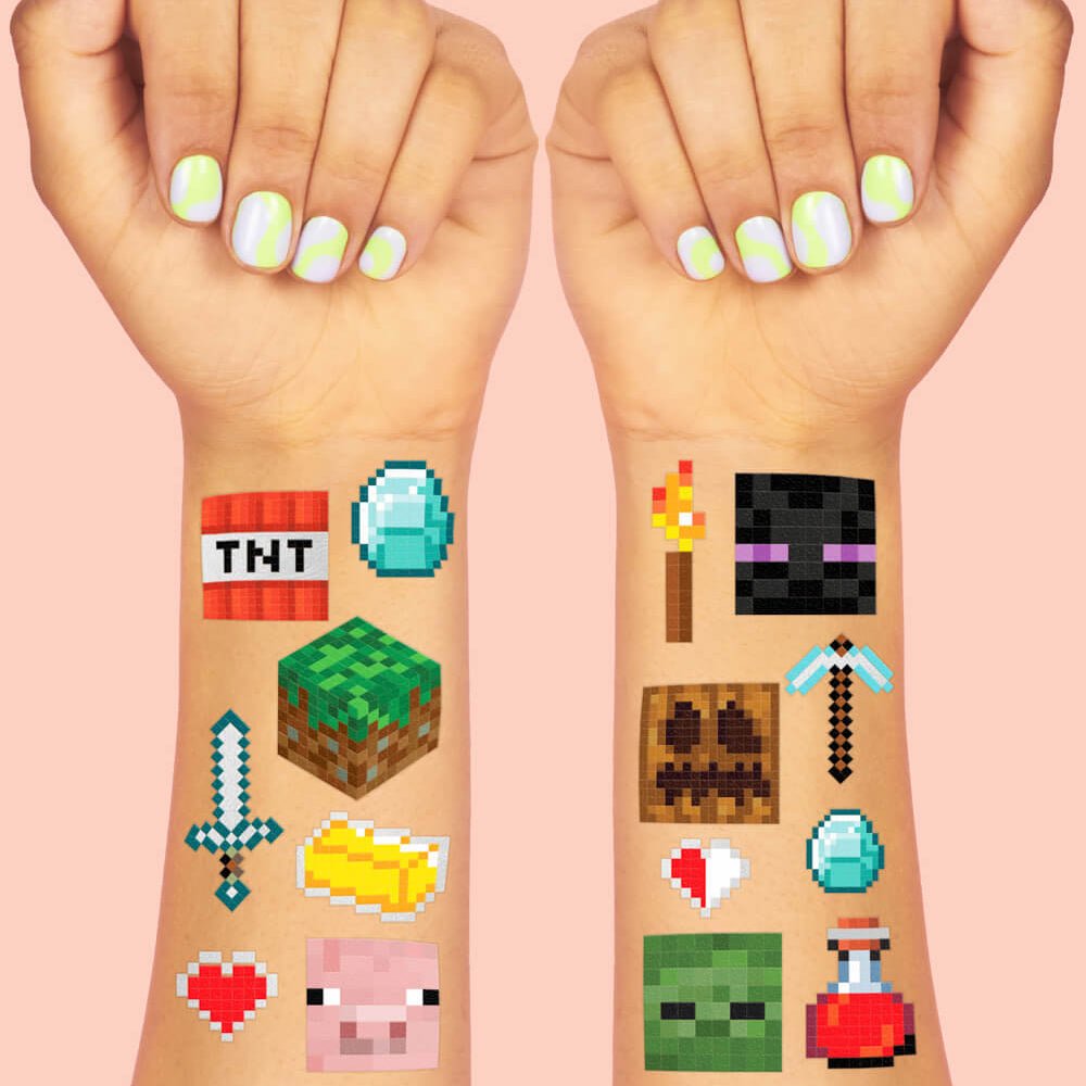 Pixel mining gamer temporary tattoo sheets by xo Fetti with pixel blocks, TNT, swords, and mob faces