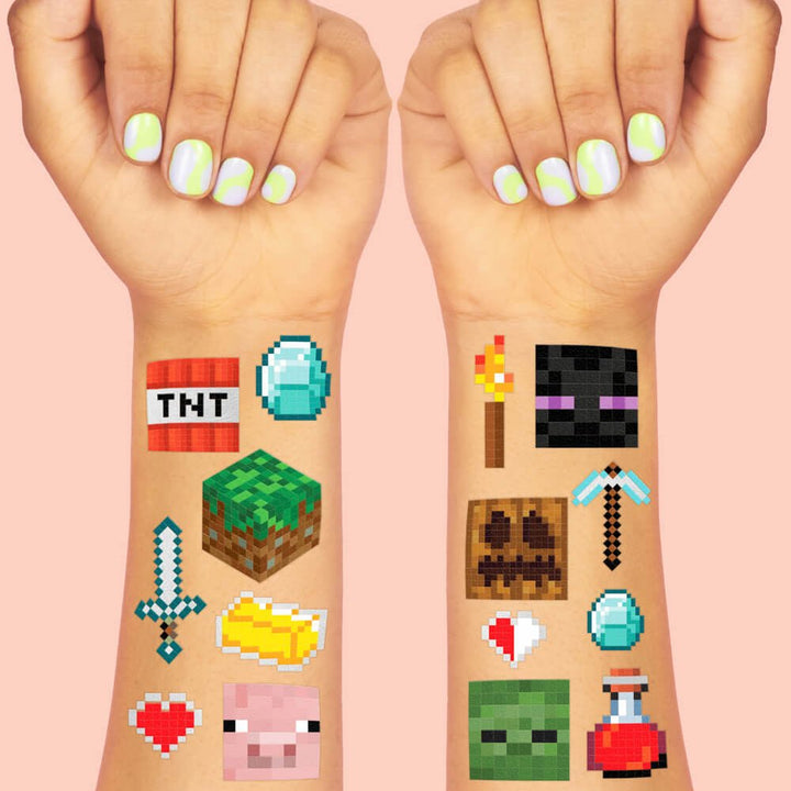 Pixel mining gamer temporary tattoo sheets by xo Fetti with pixel blocks, TNT, swords, and mob faces