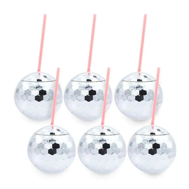 Set of 6 mirrored silver disco ball cups with pink straws on a white background