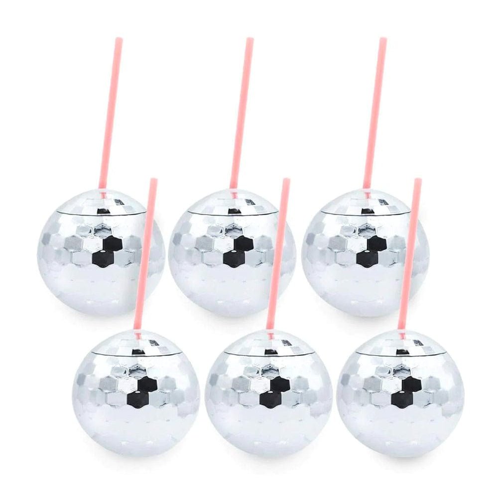 Set of 6 silver disco ball cups with pink straws on a white background