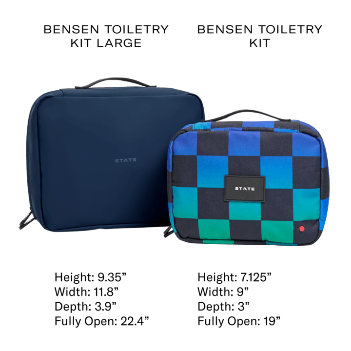 Size comparison chart of the standard Bensen toiletry kit and the Bensen Large with measurements