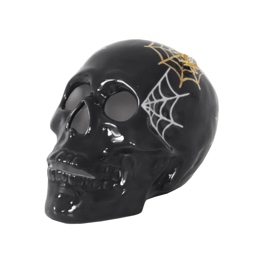 Black decorative skull with spider web design on a white background