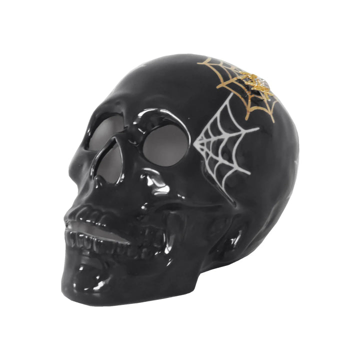 Black decorative skull with spider web design on a white background