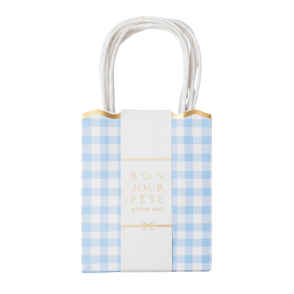 Sky blue gingham paper favor bags with scalloped trim for a birthday party or picnic