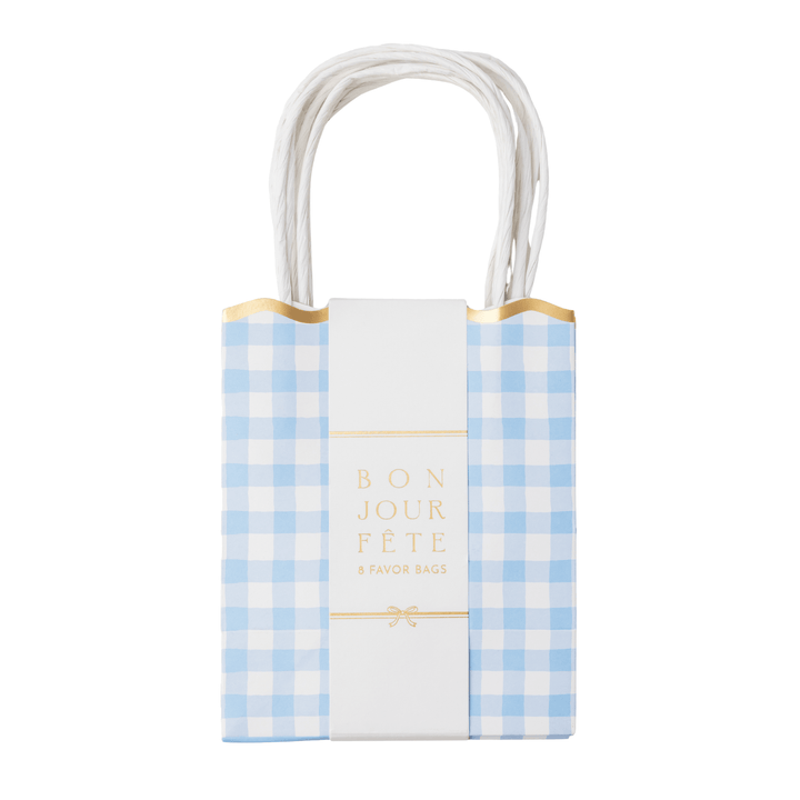 Sky blue gingham paper favor bags with scalloped trim for a birthday party or picnic