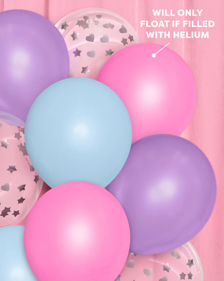 Close-up of clear latex balloons filled with silver star and heart confetti