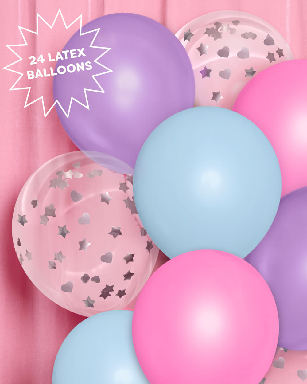 Slumber party latex balloon set in pastel pink, blue, and purple with confetti balloons