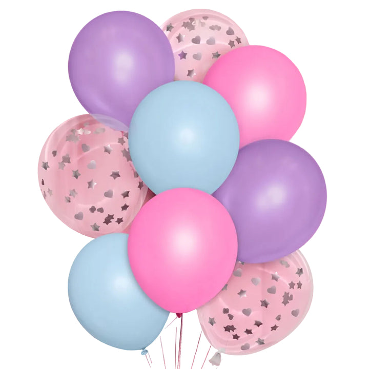 Bunch of slumber party latex balloons in pink, blue, purple, and clear with star and heart confetti