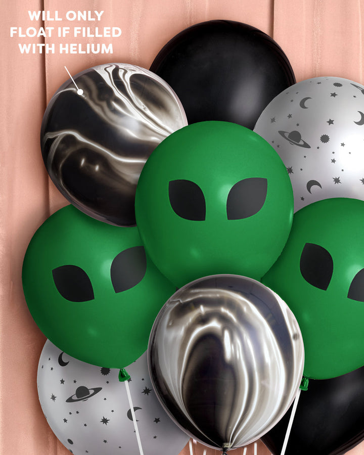 Alien and space latex balloon bunch with a helium-fill note, green alien faces and black marble balloons