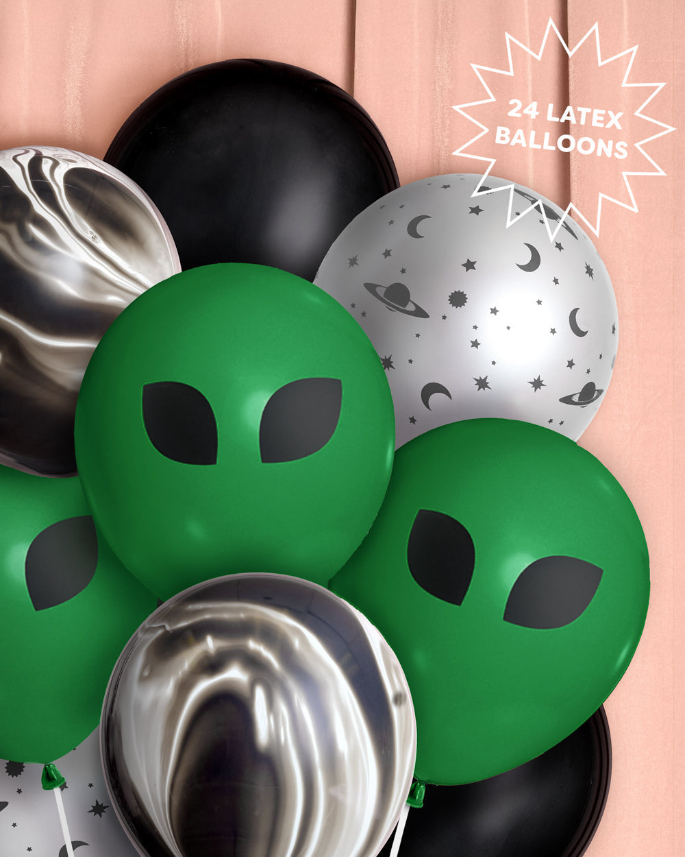 Space and alien latex balloon set with a 24 latex balloons callout, alien faces and silver star prints