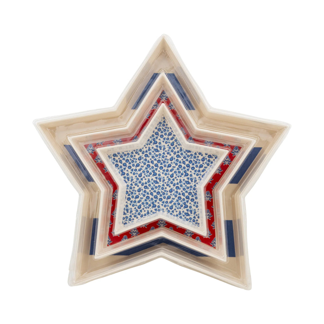 Patriotic star-shaped bamboo serving trays styled for a 4th of July party