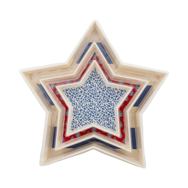 Patriotic star-shaped bamboo serving trays styled for a 4th of July party
