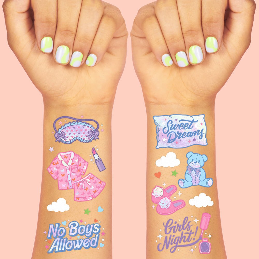 Sleepover temporary tattoo set by xo Fetti with pajamas, sleep masks, and slumber party slogans, two sheets