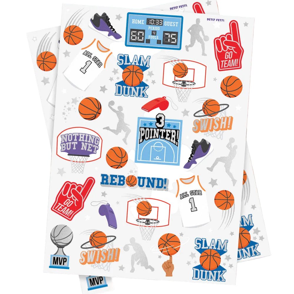 Basketball temporary tattoo sheet by xo Fetti with basketballs, hoops, and Slam Dunk and Swish slogans