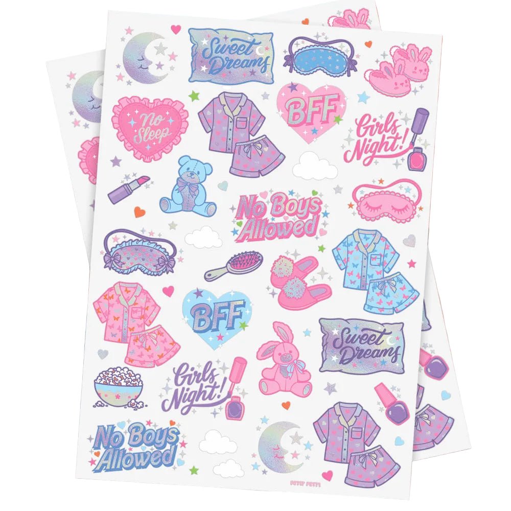 Sleepover temporary tattoo set by xo Fetti with pajamas, sleep masks, and slumber party slogans, two sheets