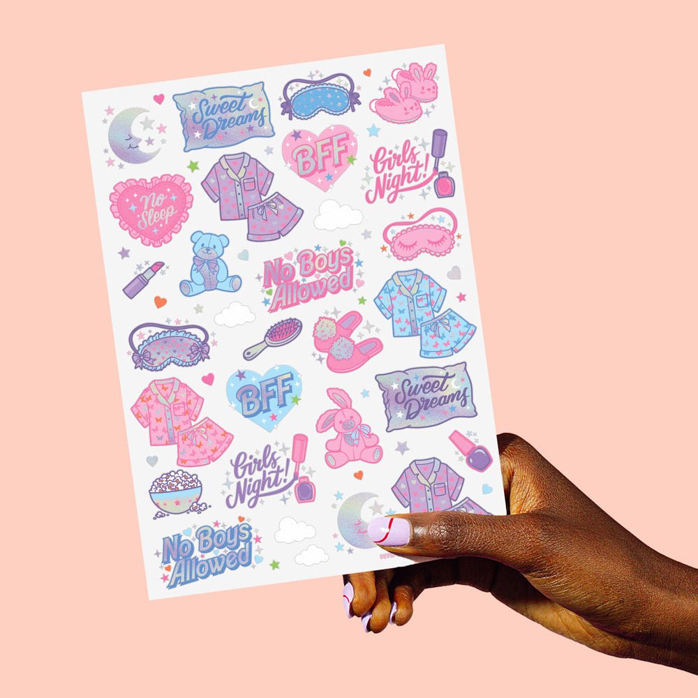 Sleepover temporary tattoo set by xo Fetti with pajamas, sleep masks, and slumber party slogans, two sheets