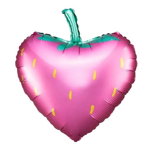 Pink strawberry foil balloon with a green leafy top and gold seed dashes for a summer fruit party