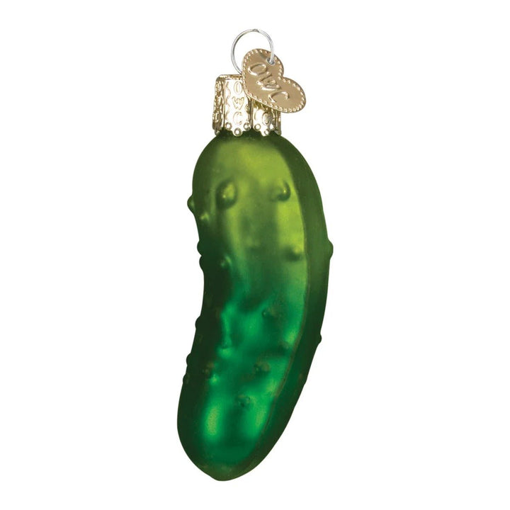 Classic green glass Christmas pickle ornament with a glossy bumpy finish, on white