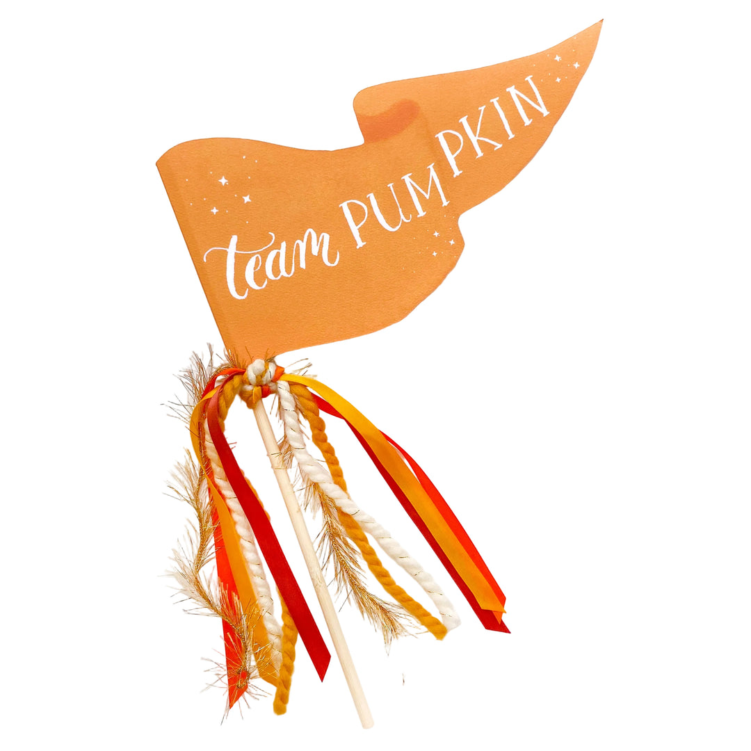 A pumpkin-shaped party decoration with 'Team PUMPKIN' written in white script, attached to a wooden stick with orange, red, and white ribbons and dried pine needles, on a white background.