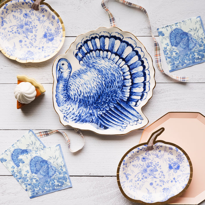 BLUE AND WHITE CERAMIC TURKEY PLATE Two's Company Thanksgiving Home Bonjour Fete - Party Supplies