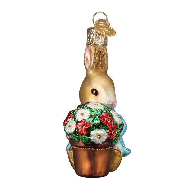 Front view of Peter Rabbit peeking over a terracotta pot of red and white blooms, on white