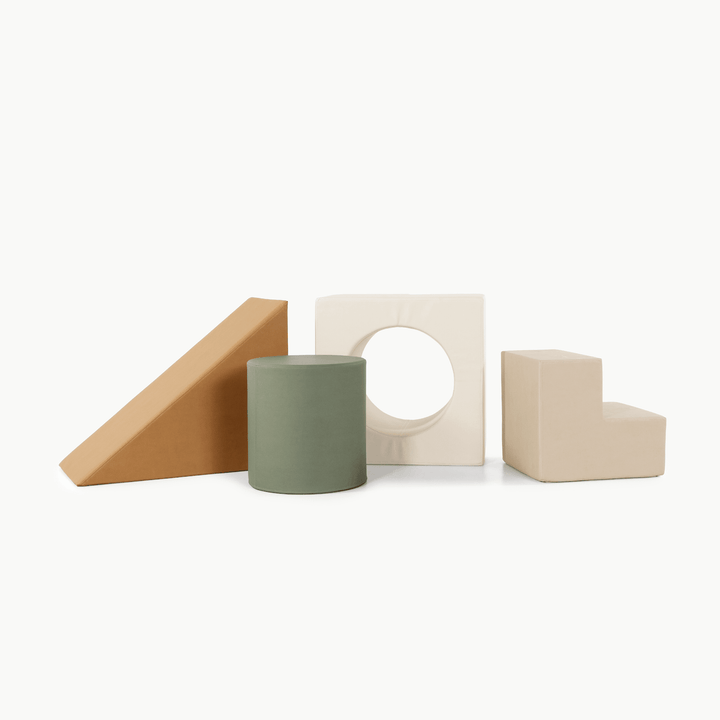 Gathre block playset in the Camel, Ivory, Thyme, and Millet colorway with foam steps, a cube, and a triangle ramp