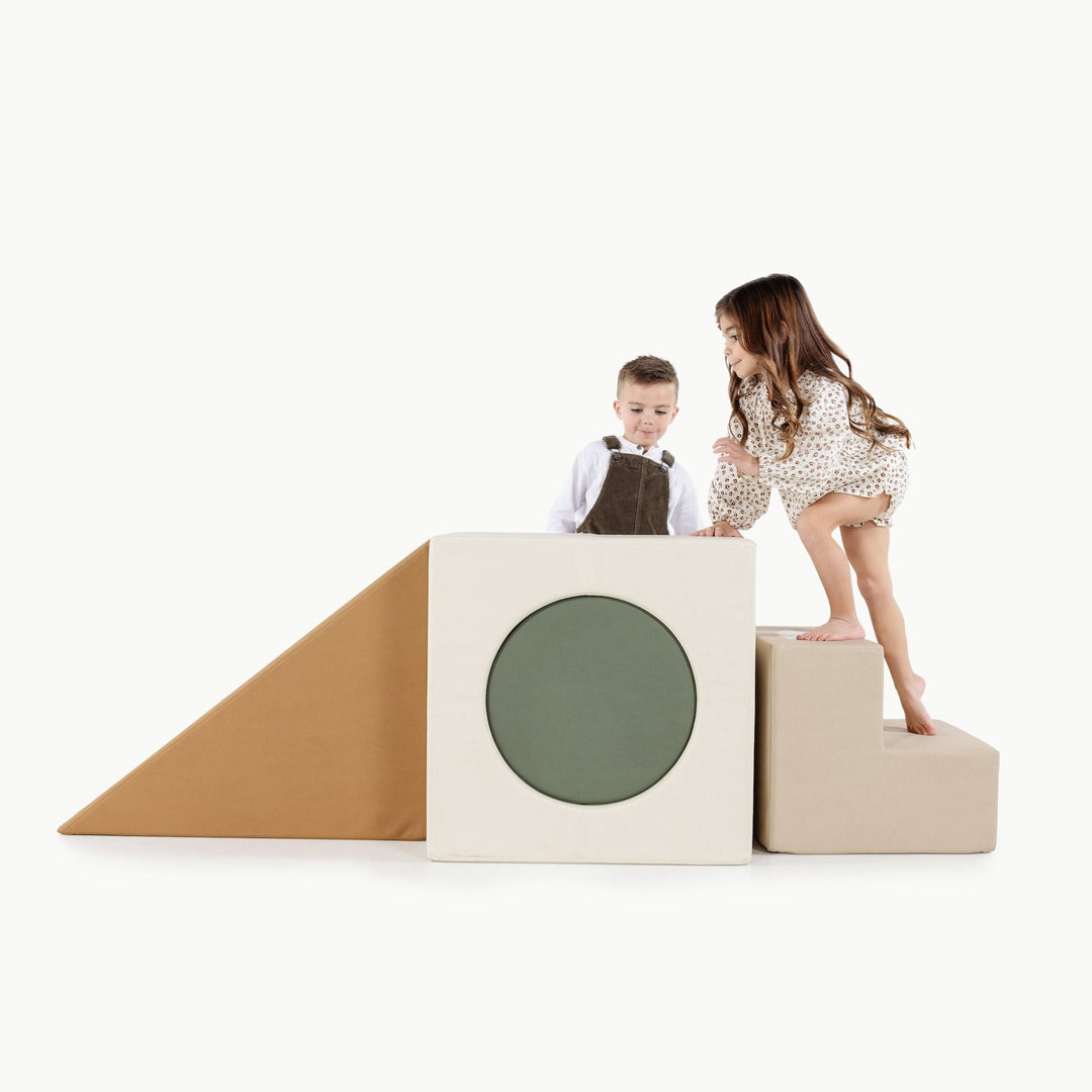 Gathre block playset with foam steps, a cube, and a triangle ramp in cream London print and rust