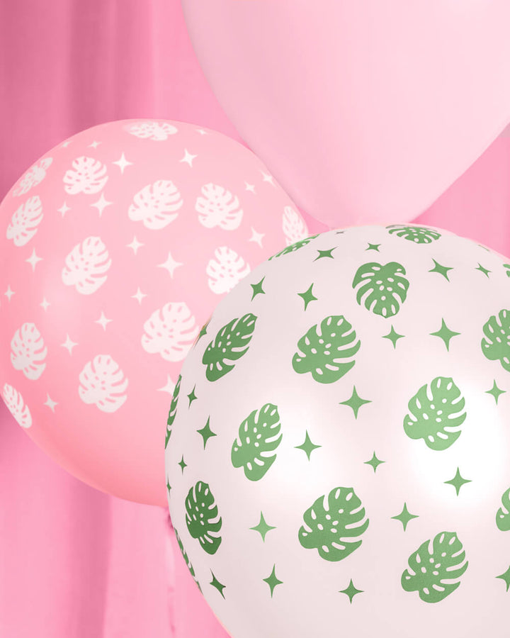 Detail of pink palm print latex balloons