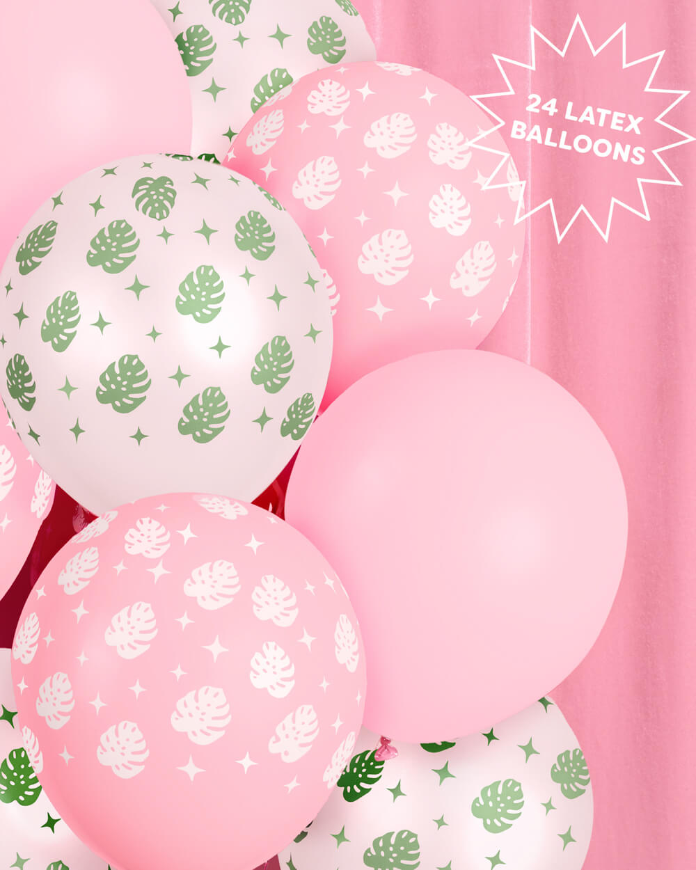 Tropical palm latex balloon set in light pink and white with palm leaf prints