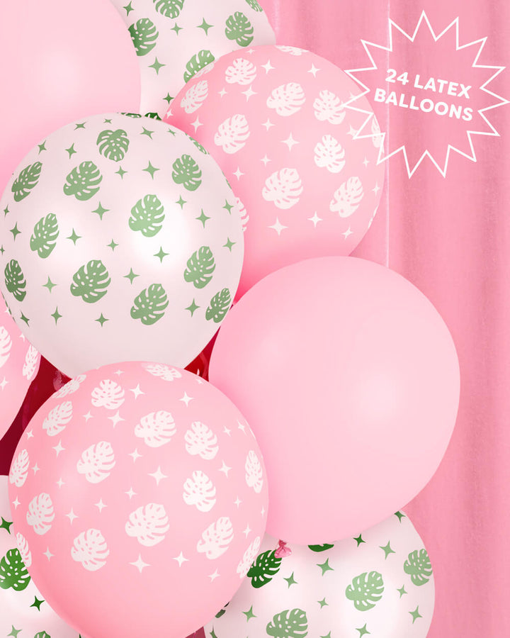Tropical palm latex balloon set in light pink and white with palm leaf prints