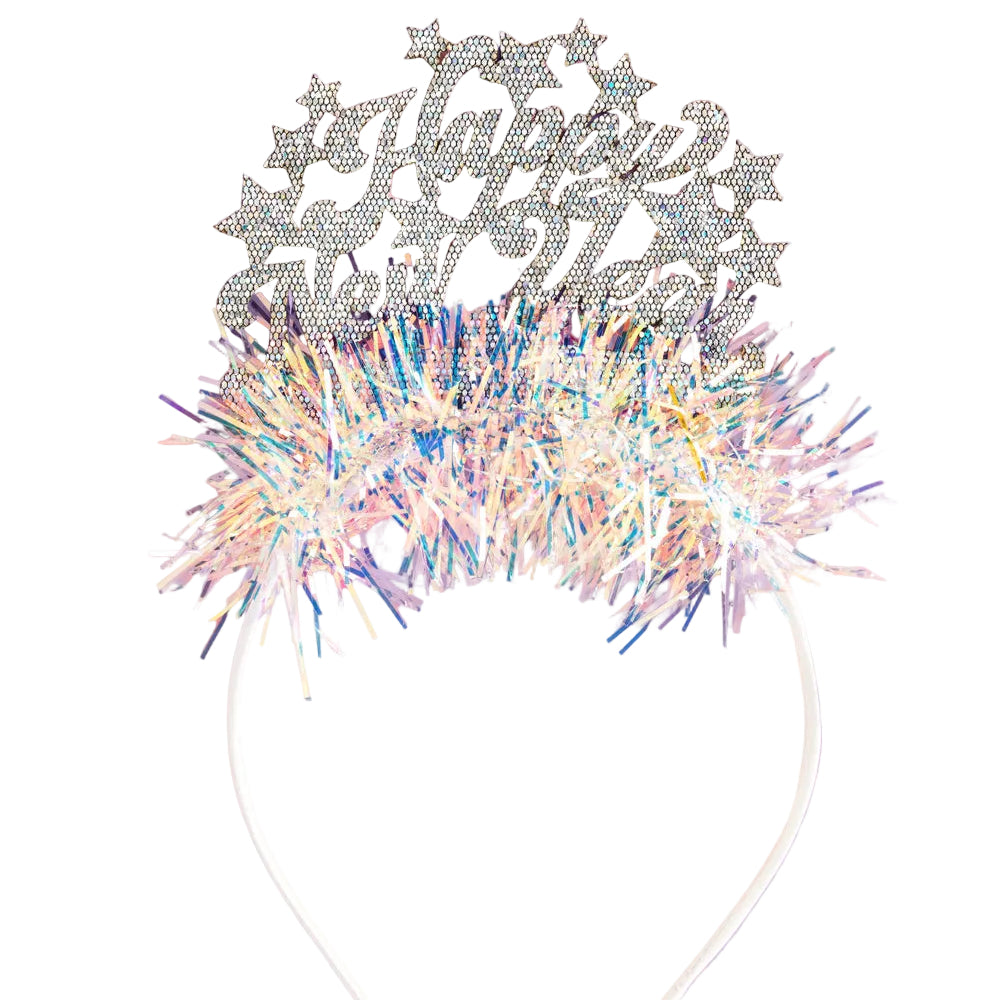 Silver glitter Happy New Year headband with stars on iridescent tinsel fringe
