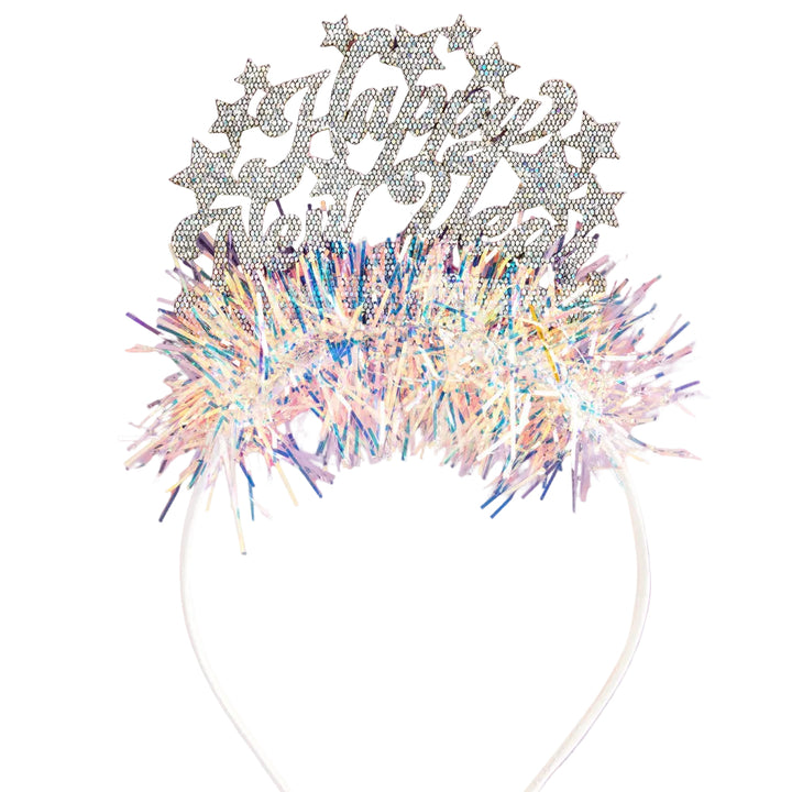 Silver glitter Happy New Year headband with stars on iridescent tinsel fringe