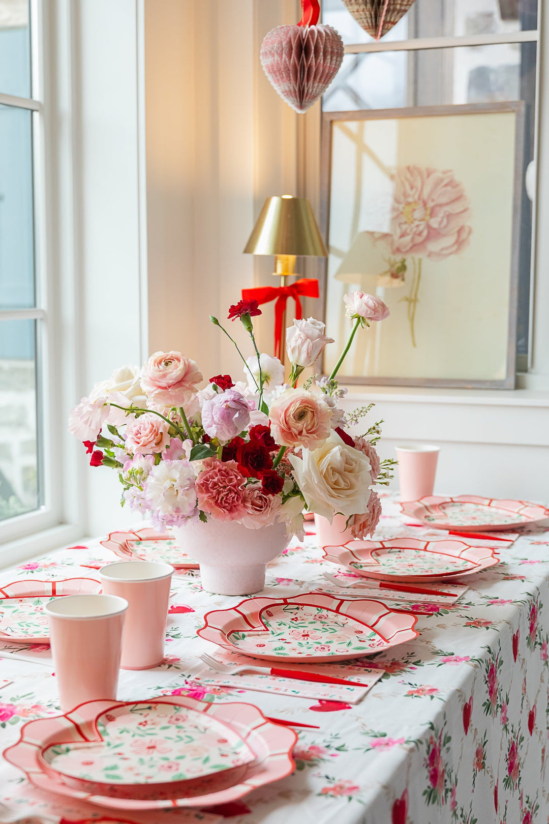 floral valentine's day party table and decorations