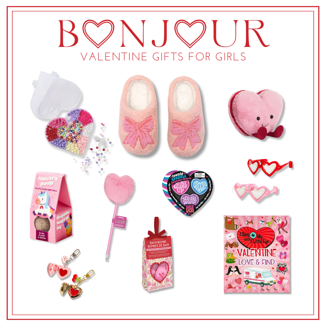 Valentine's Day gift items for girls, including slippers, plush toys, and stationery
