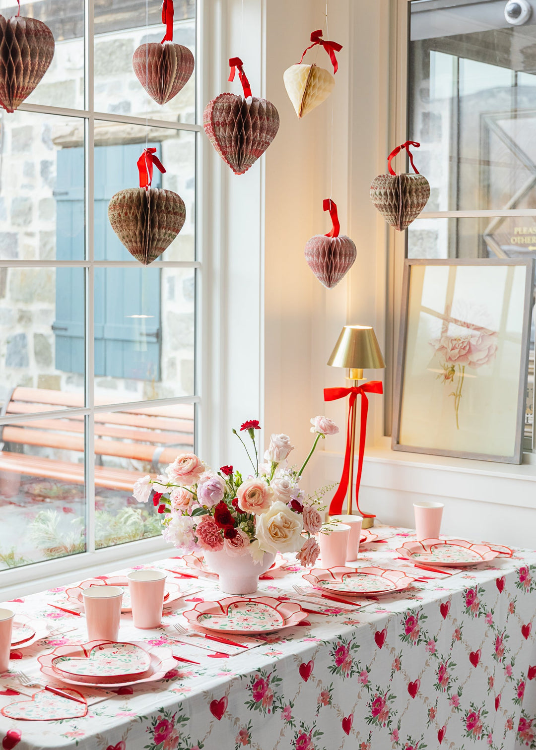 floral valentine's day party table and decorations