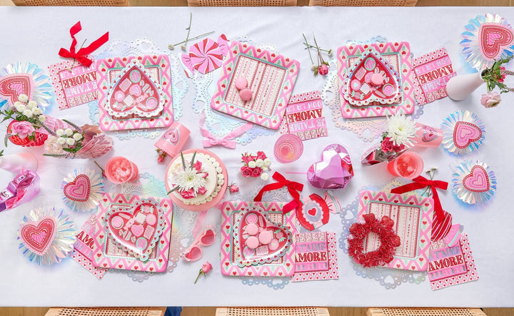 Iridescent silver doily placemats with scalloped edges and heart cutouts, 10 count