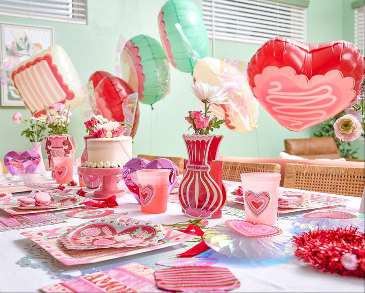 Valentine candy balloons with silver iridescent foil accents and 50 inch coordinating ribbons