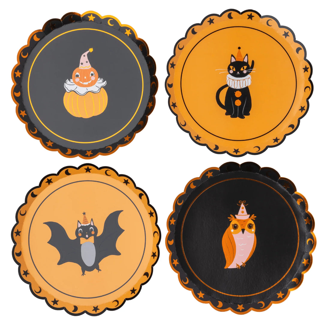 Vintage Halloween character small plates, set of 8, in orange and black for a kids costume party