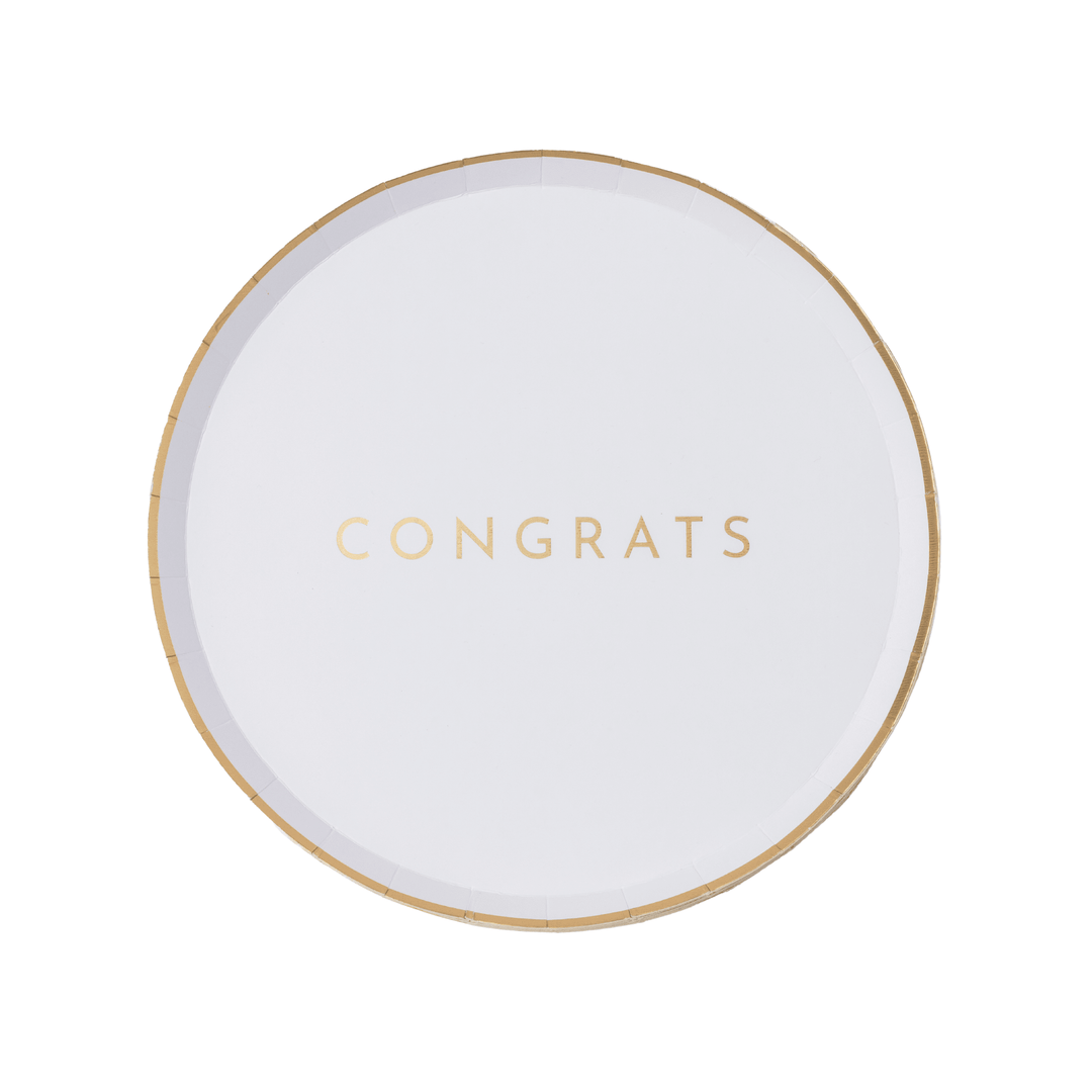 White and gold Congrats small plates for a graduation party or engagement toast