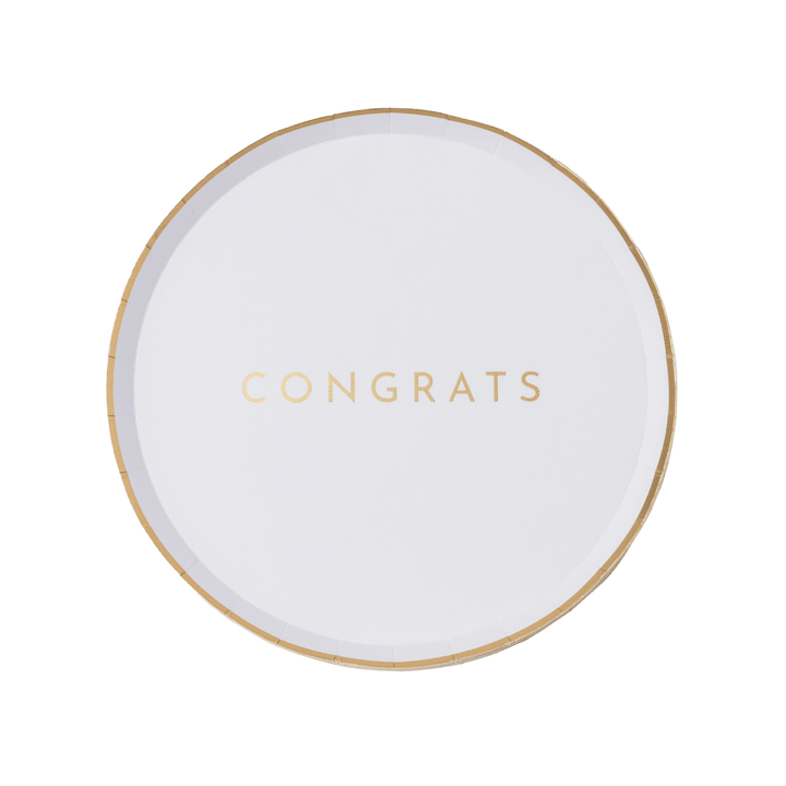 White and gold Congrats small plates for a graduation party or engagement toast