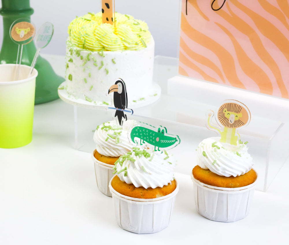 Set of Wild One acrylic mini cake toppers for a first birthday, shown on white