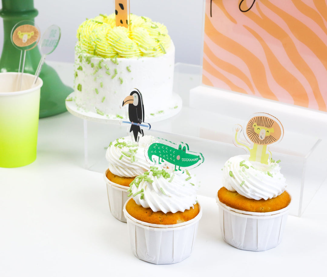 Set of Wild One acrylic mini cake toppers for a first birthday, shown on white