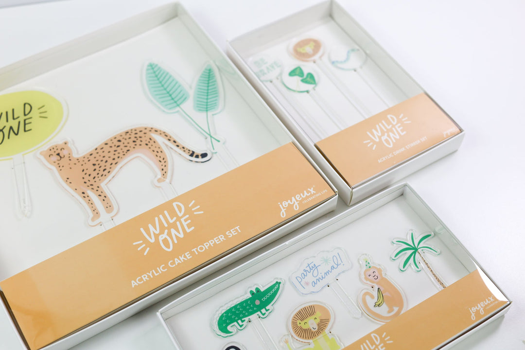 Joyeux Company Wild One acrylic cake topper set for a frosted birthday cake