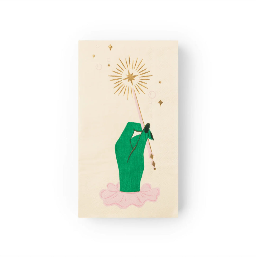 Magic wand guest towels, set of 20, with a gold starburst wand and pink hem for a witch themed party