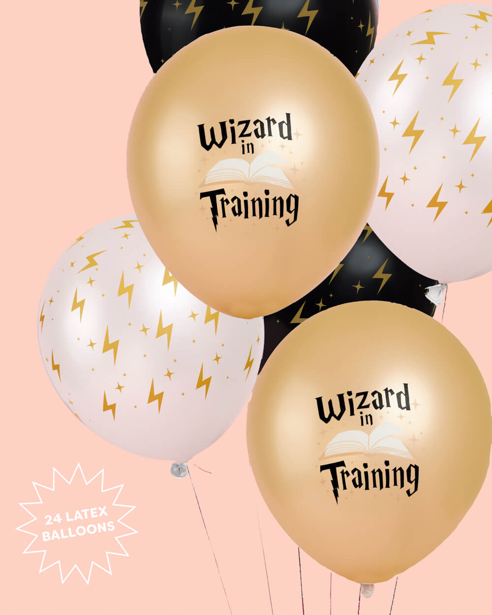 Detail of black and gold wizard latex balloons with lightning bolt print