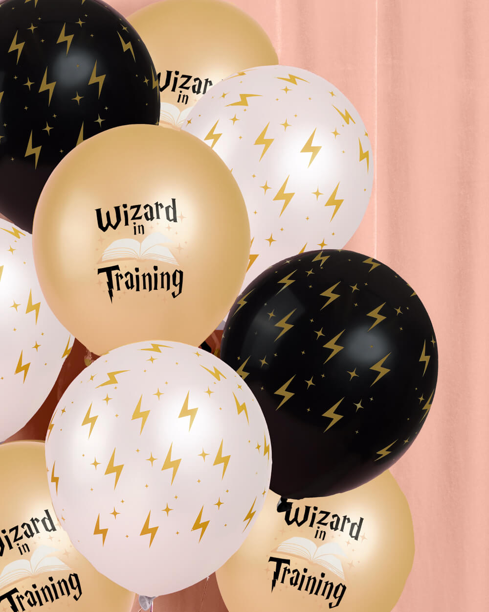 Wizard latex balloon set in black, white, and gold with lightning bolts