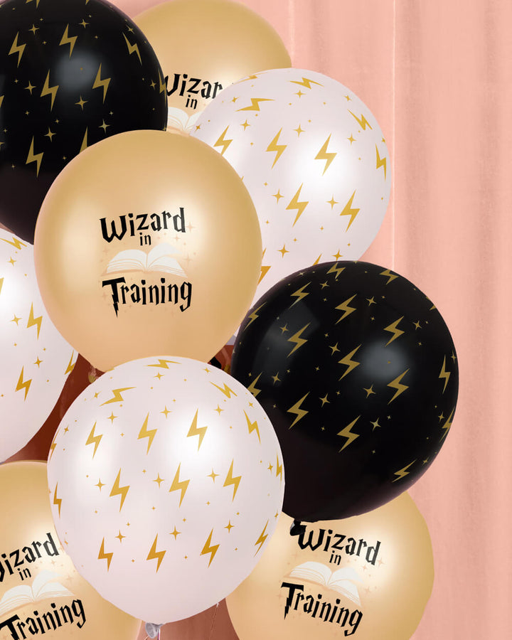 Wizard latex balloon set in black, white, and gold with lightning bolts