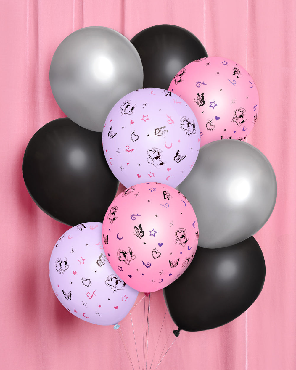 Bunch of Y2K chrome and pastel latex balloons for an early 2000s party