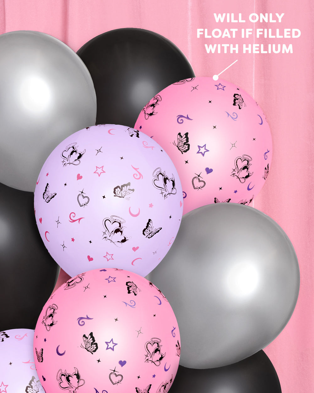 Detail of pink and lavender Y2K latex balloons with butterfly and sparkle prints